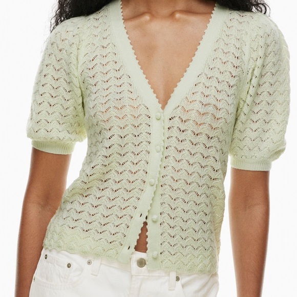 Aritzia Wilfred Fika Cardigan Crochet Openwork Detail Soft Green Knit Sz M - Picture 2 of 11